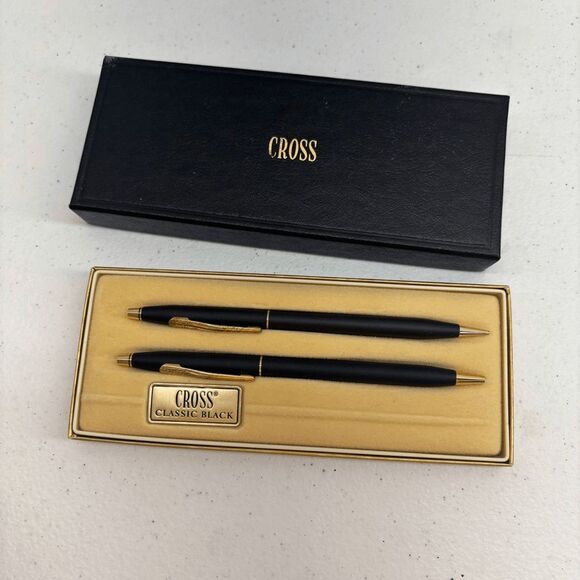 Cross Classic Black & Gold Ballpoint Pen/Pencil Set 2501 W/Box Blue Ink - Picture 2 of 4